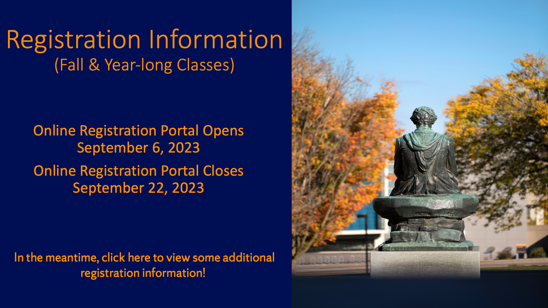 image of Statue on SU campus and Fall 2023 registration portal dates