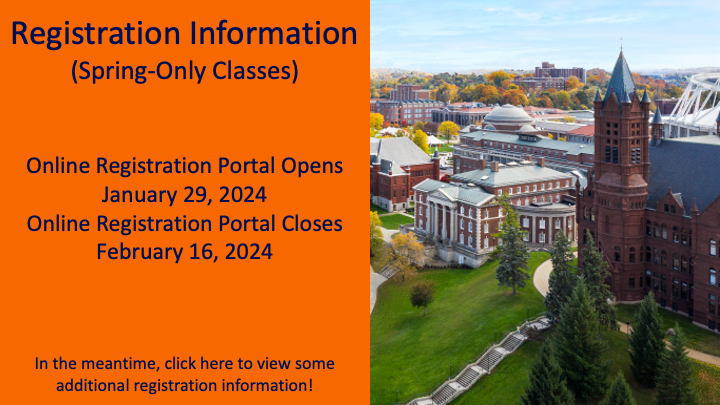 image of buuilding on SU campus and Spring 2024 registration portal dates