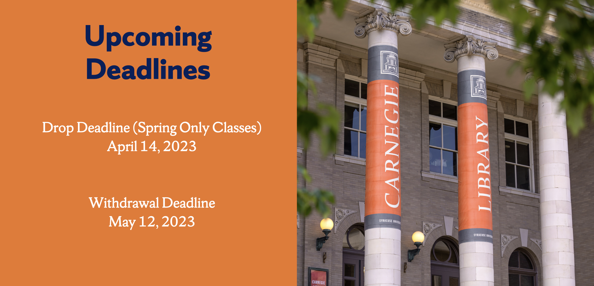 SU campus image with reminder of info session dates for Spring 2023